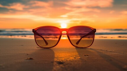 Fototapeta na wymiar Orange sunglasses rest on sandy shores, framing a vibrant sunset over the tranquil ocean, Ai Generated