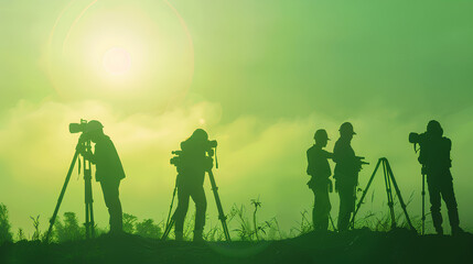 ฺBunch of land surveyors standing together working green color scheme, cartoon pictures