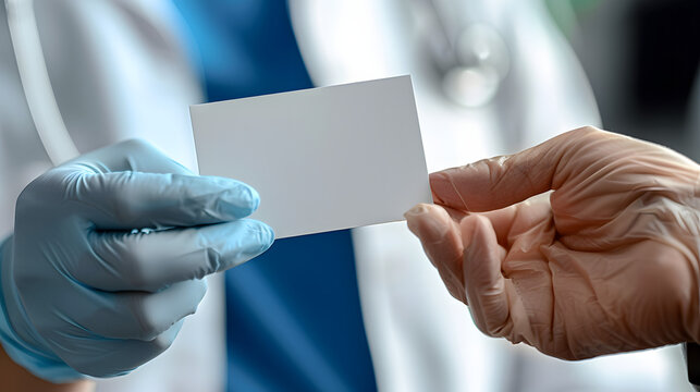 Close-up photorealistic image of a doctor's hand, wearing a light blue latex glove, gently extending a crisp white business card towards a patient's open palm. The card should be clean and minima. 