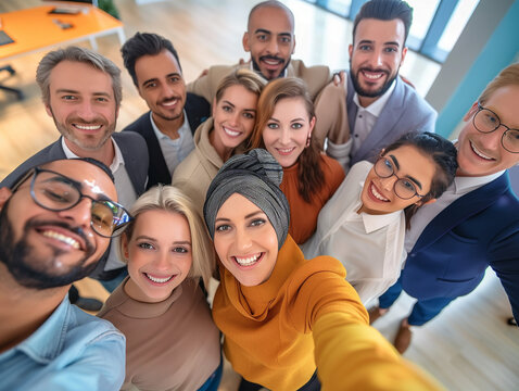 Multicultural happy people taking group selfie portrait in the office, diverse people celebrating together, Happy lifestyle and teamwork concept