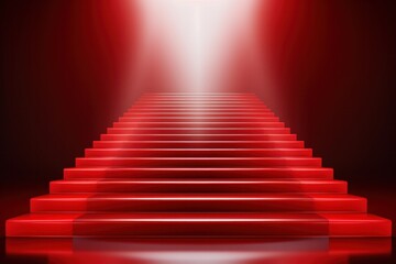 Fototapeta premium Staircase with red velvet carpet and a bright, luxurious background. business startup idea B isolated on silver background Awards Ceremony, Staircase Stage
