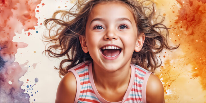 joyful little girl with wild hair and a big smile, wearing a striped shirt. She is laughing with her mouth wide open and eyes closed. The background is colorful, with paint splatters