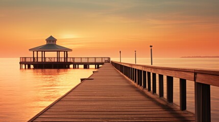 Obraz premium A quiet harbor leads to tranquil waters under a soft golden sunset.