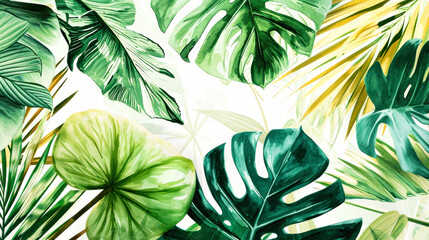 Green palm leaves of various types. Tropical bright background. The concept of vacation and travel...