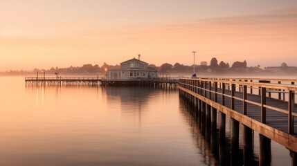 Obraz premium A quiet harbor leads to tranquil waters under a soft golden sunset.