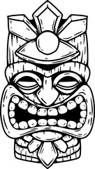 Tiki tribal wooden mask set and Tiki mug. Hawaiian traditional elements. Colored, wooden and black and white silhouette. Vector illustration