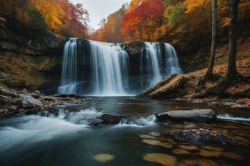 Fototapeta na wymiar Colorful majestic waterfall in national park forest during autumn