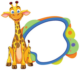 Cartoon giraffe beside a blank, vibrant speech bubble.