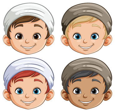 Four smiling boys with different skin tones illustrated.