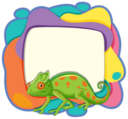 Vibrant chameleon beside a whimsical, colorful frame.