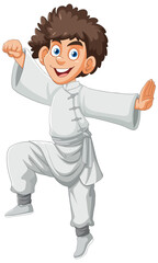 Animated boy in martial arts pose, smiling joyfully