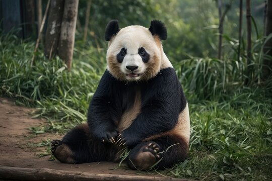 Gorgeous giant panda bear sitting down