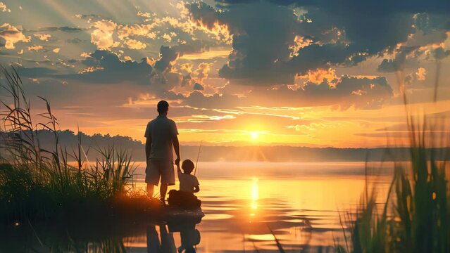 Father and son go fishing together at sunset.