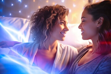 A couple of women, lesbians, are lying next to each other in bed, expressing love and intimacy