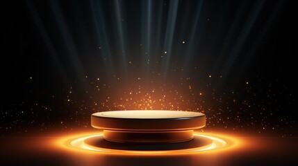 Abstract circular pedestal lit by spotlights Award presentation concept, stage backdrop.