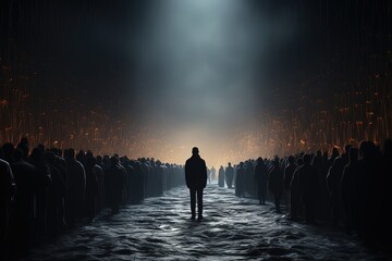 A figure standing alone in a crowd, depicting loneliness