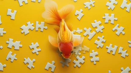 Fotobehang Cute goldfish engrossed in a jigsaw puzzle, adding a whimsical touch, Ai Generated. © Crazy Juke