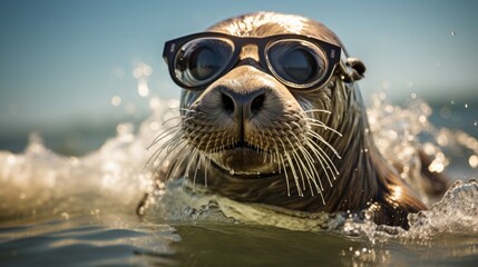 Playful seal leaps onto the beach, sporting stylish sunglasses, a splash of coastal coolness, Ai...
