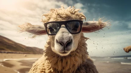 Zelfklevend Fotobehang Whimsical sheep leaps onto the beach, sporting adorable sunglasses, a woolly beachcomber with flair, Ai Generated. © Crazy Juke
