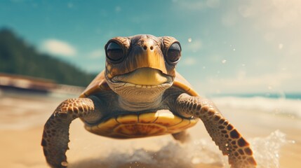Experience the intensity of an turtle leaping onto the beach in a stunning close-up photo, Ai Generated. - obrazy, fototapety, plakaty