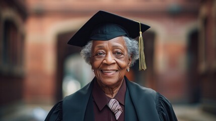 An elderly black woman wearing a graduation cap and blazer stands in front of a brick building. which is a symbol of academic success 