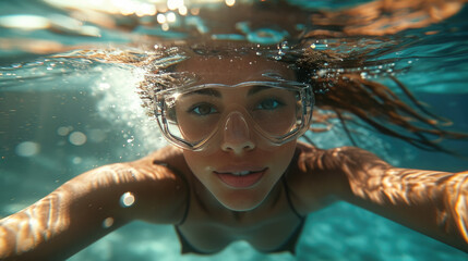 girl swimming underwater brunette realistic racing, copy space, visuals, no text, ultra detailed, HD, 8K, highlights, good lighting, High detail professional photography, photorealistic, Tone Mapping