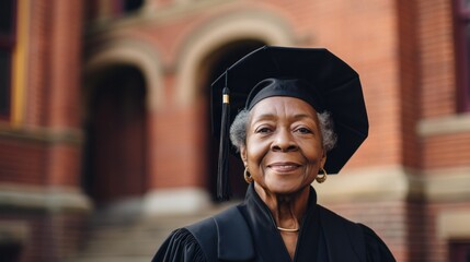 Fototapeta premium An elderly black woman wearing a graduation cap and blazer stands in front of a brick building. which is a symbol of academic success 