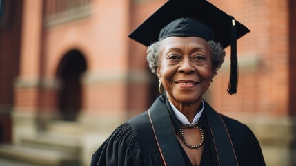 An elderly black woman wearing a graduation cap and blazer stands in front of a brick building. which is a symbol of academic success 