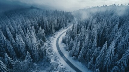 winter landscape with pine forest in snow. There is a curved road on a cloudy day in the mountains.
