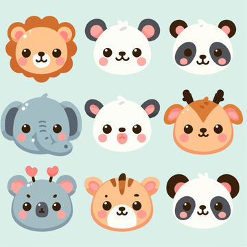 set of cute cartoon animal faces