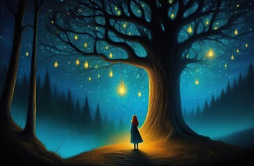 swarm of fireflies aglow in warm yellow, bathed in yellow hues with glowing moon, sense of mystery and wonder with eerie undertone. girl walking in the distance