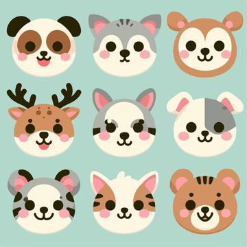 set of tiny cartoon animal face icons