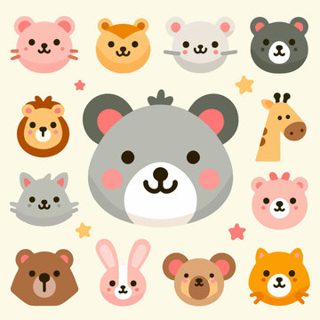 set of cute cartoon animal icons. vector illustration. suitable for stickers