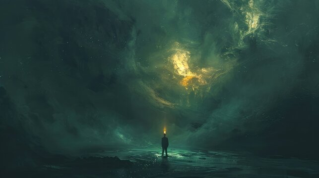 Seeking truth: persona with torch embarks on quest in dark space, symbolizing exploration, discovery, and enlightenment in the pursuit of knowledge and understanding