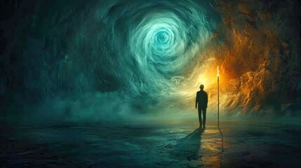 Seeking truth: persona with torch embarks on quest in dark space, symbolizing exploration, discovery, and enlightenment in the pursuit of knowledge and understanding