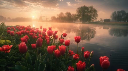 Fotobehang A breathtaking landscape adorned with vibrant and colorful tulips. Ai Generated. © Crazy Juke