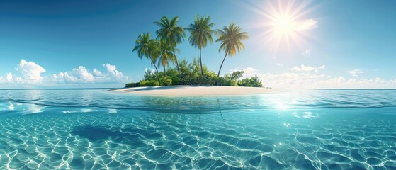 Fototapeta na wymiar Panorama of a serene island - clear lagoon, palm-lined shore, bright sun, blue sky. Ai Generated.