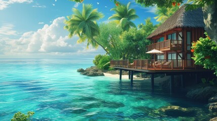 A paradise of nature, sea, and a hotel house in the midst of serene tropical beauty. Ai Generated.