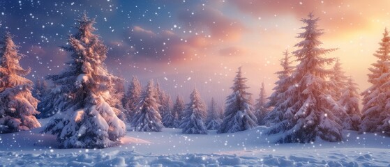 Pine trees adorned with snow on a frosty evening, creating a beautiful panorama. Ai Generated. - obrazy, fototapety, plakaty