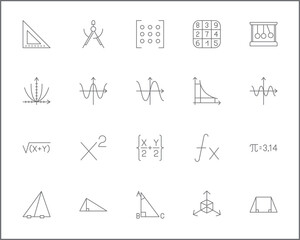 Set of mathematics and math Icons line style. Contains such Icons as accounting, abacus, graph, algebra, elementary, analysis, probability, calculator And Other Elements.