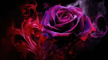 A purple rose wrapped in red smoke swirl, creating a captivating scene on a black background. Ai Generated.