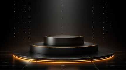 Black circle presentation standing on dark background with spotlight.