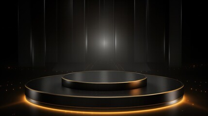 Black circle presentation standing on dark background with spotlight.