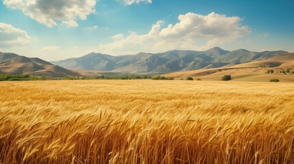 Endless fields of ripe wheat with mountains in the backdrop, a scenic rural landscape. Ai Generated.
