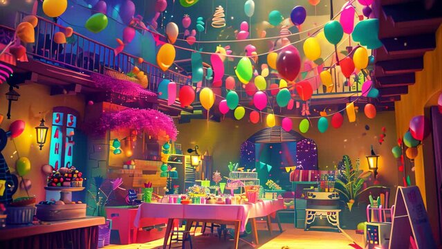 Fun and colorful party setting with whimsical decorations joyful guests.