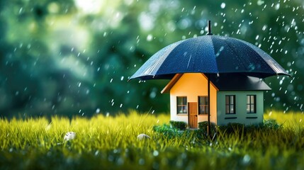 A house sheltered under an umbrella, symbolizing protection and comfort in a whimsical setting. Ai...