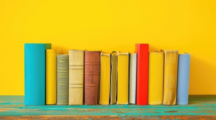 Many books rest on a wooden table against a pastel yellow background, Ai Generated.