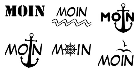 MOIN - deutscher Text, norddeutsche Begrüßung, kollektion verschiedene Gestaltungen mit Anker, Möwen, Wellen und Steuerrad