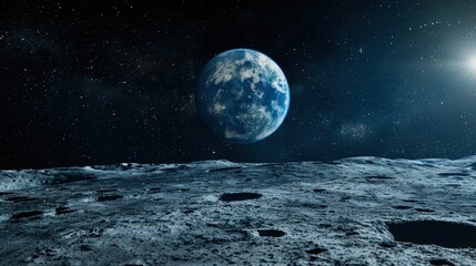 The earth seen from the moon, the earth is blue and very impressive. Generate AI image