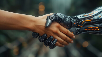 Shaking human hands with a digital partner in front of a futuristic background. Artificial intelligence and machine learning process for the fourth industrial revolution